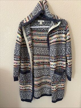 Monteau Navy Hooded Open Cardigan with Multicolor Fair Isle/Aztec Stripes